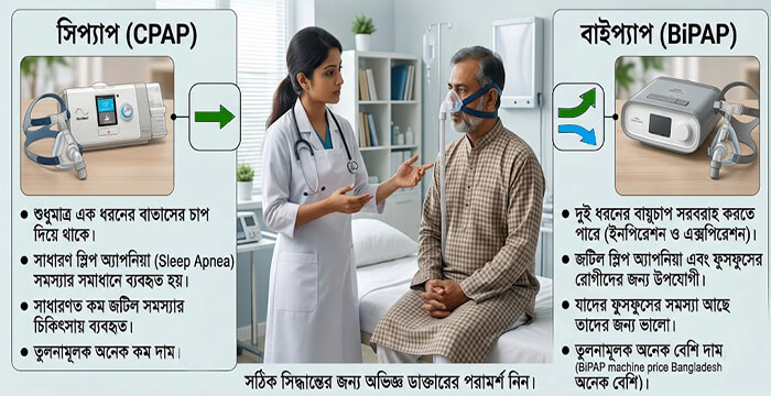 CPAP এবং BiPAP মেশিনের মধ্যে প্রধান পার্থক্যসমূহ